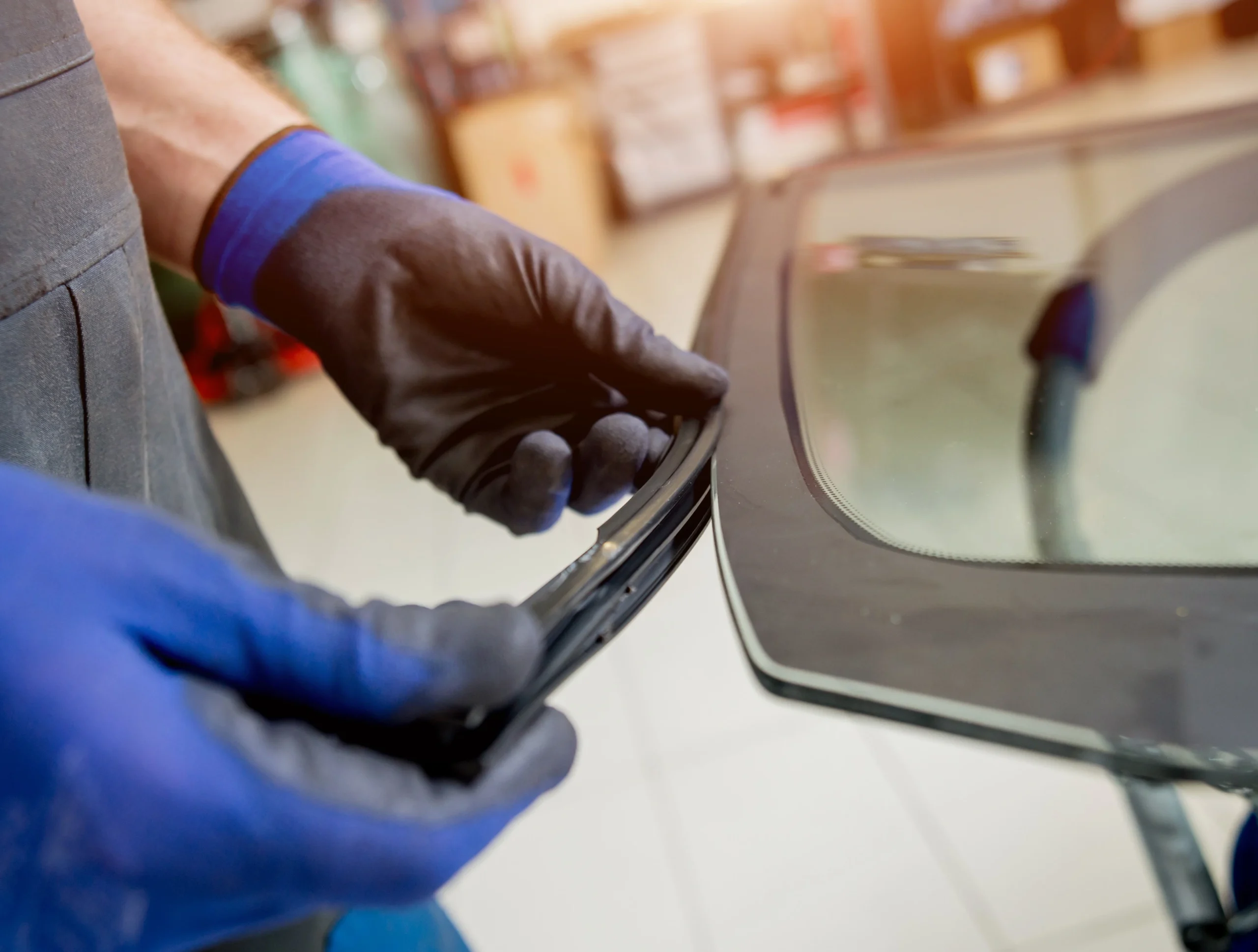 Automobile special workers replacing windscreen of a car in auto service station